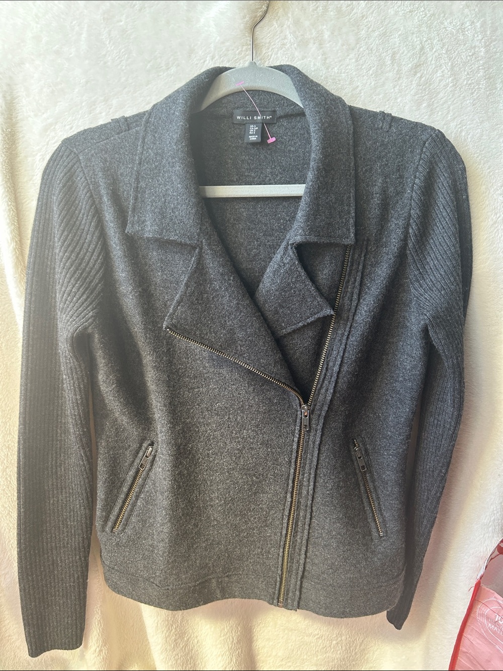 Willi Smith charcoal grey 100% wool asymmetrical zip moto jacket S